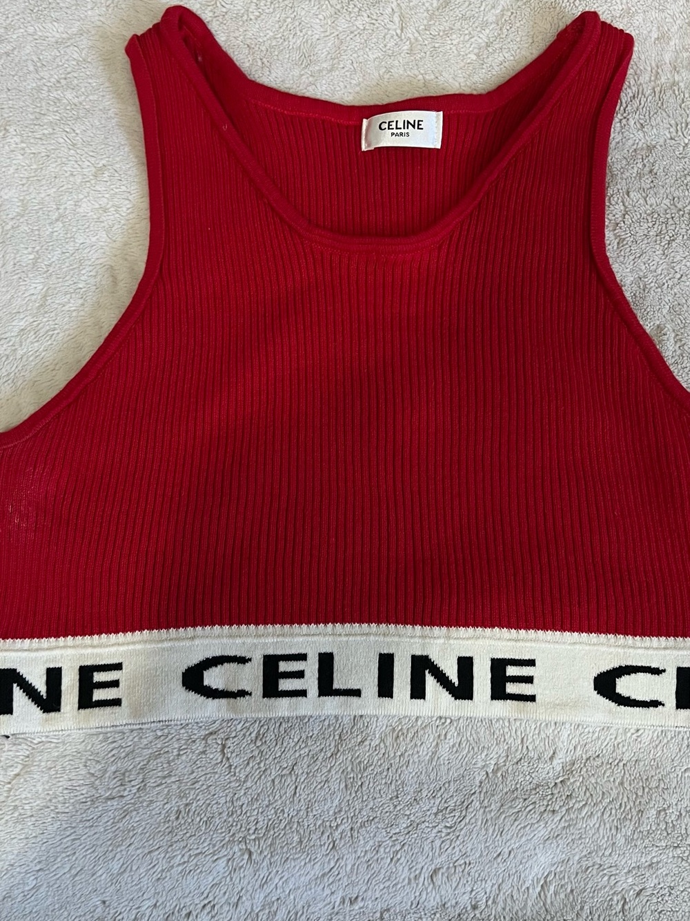 Celine Red Ribbed Cropped Tank with Contrast Logo Hem